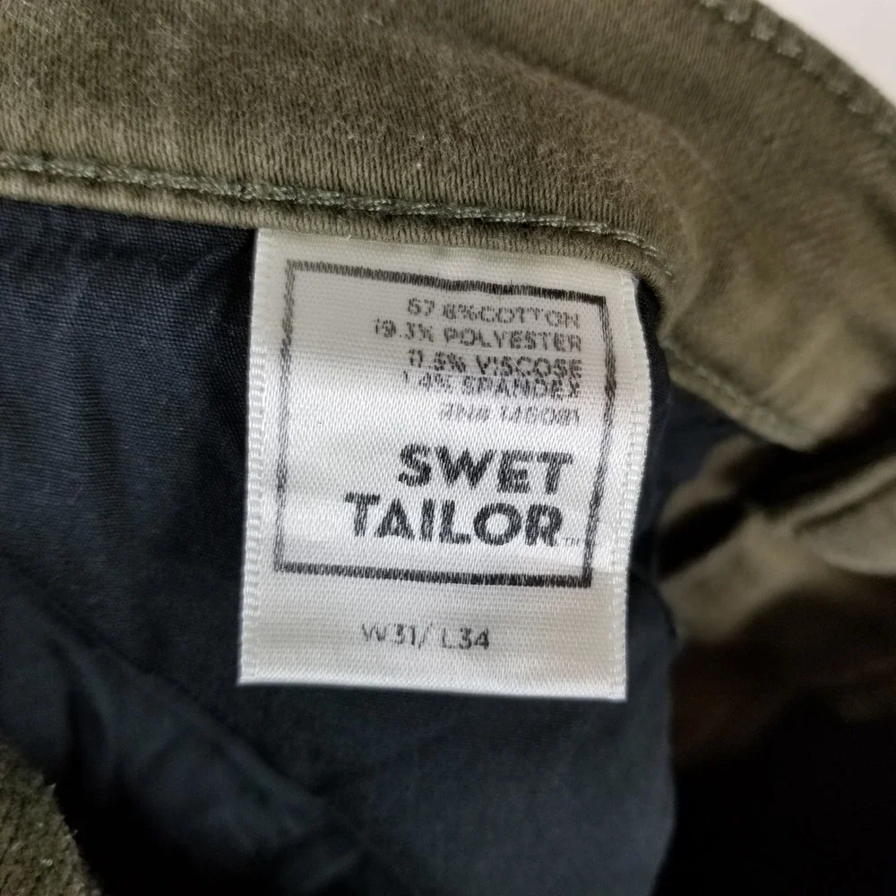 SWET TAILOR‎ Mens Slim Fit Five Pocket Chino Pants Olive Green Size 31x34